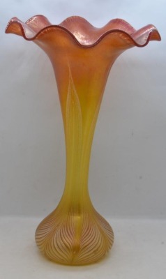 Art Glass 12" vase w/ Pulled Feather design, irid. red to gold - 4