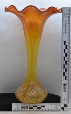 Art Glass 12" vase w/ Pulled Feather design, irid. red to gold - 5