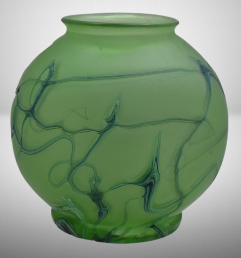 Victorian Loetz-style green irid. 6" ball-shaped vase w/ applied blue abstract design