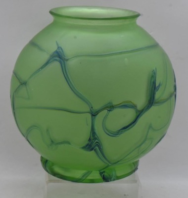 Victorian Loetz-style green irid. 6" ball-shaped vase w/ applied blue abstract design - 2