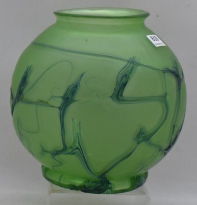 Victorian Loetz-style green irid. 6" ball-shaped vase w/ applied blue abstract design - 3