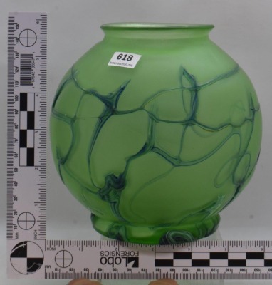 Victorian Loetz-style green irid. 6" ball-shaped vase w/ applied blue abstract design - 4