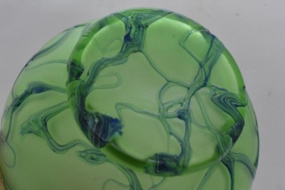 Victorian Loetz-style green irid. 6" ball-shaped vase w/ applied blue abstract design - 5