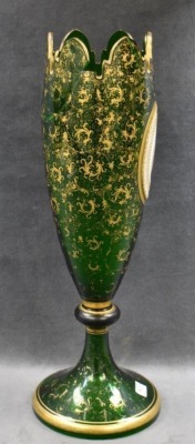 Bohemian Glass Moser emerald green 15" vase w/ applied portrait plaque - 3