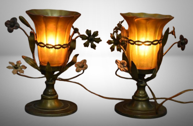 Pair of Art Nouveau 9.25" tall lamps adorned w/ signed Quezal gold aurene shades