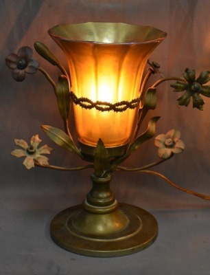 Pair of Art Nouveau 9.25" tall lamps adorned w/ signed Quezal gold aurene shades - 3