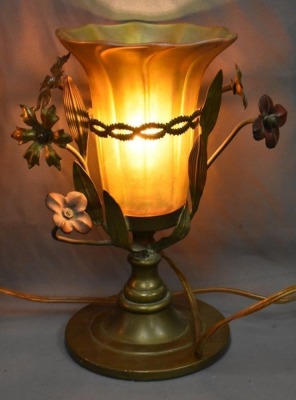 Pair of Art Nouveau 9.25" tall lamps adorned w/ signed Quezal gold aurene shades - 4