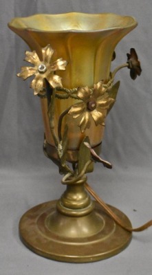 Pair of Art Nouveau 9.25" tall lamps adorned w/ signed Quezal gold aurene shades - 6