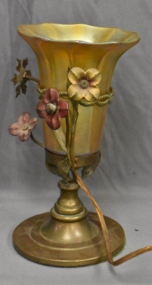 Pair of Art Nouveau 9.25" tall lamps adorned w/ signed Quezal gold aurene shades - 7