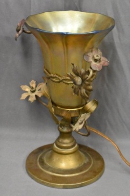 Pair of Art Nouveau 9.25" tall lamps adorned w/ signed Quezal gold aurene shades - 13