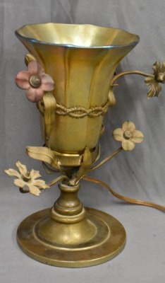 Pair of Art Nouveau 9.25" tall lamps adorned w/ signed Quezal gold aurene shades - 14