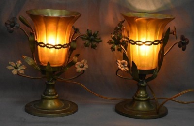 Pair of Art Nouveau 9.25" tall lamps adorned w/ signed Quezal gold aurene shades - 19