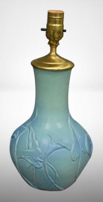 Van Briggle 14" tall table lamp, embossed Lilies design, turquoise