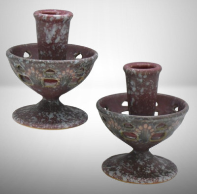 Pair of Roseville Ferella 1078-4" candle holders, dark rose