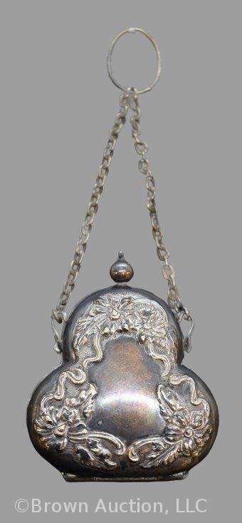 Mrkd. German Silver antique coin purse on chain, 2.25"l