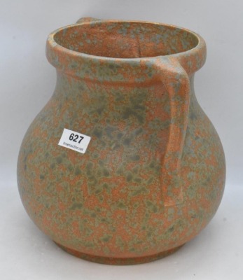 Burley Winter No. 54 dbl. handled 6" vase, mottled orange and green - 2