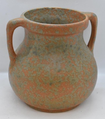 Burley Winter No. 54 dbl. handled 6" vase, mottled orange and green - 3