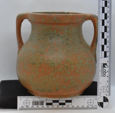 Burley Winter No. 54 dbl. handled 6" vase, mottled orange and green - 4