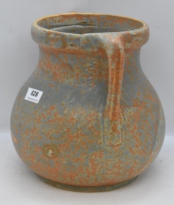 Burley Winter No. 54 dbl. handled 6" vase, mottled orange and green - 2