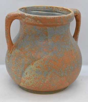 Burley Winter No. 54 dbl. handled 6" vase, mottled orange and green - 3