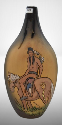 Rick Wisecarver pottery 13.5" vase, Indian on Horse scene