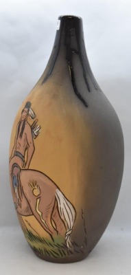 Rick Wisecarver pottery 13.5" vase, Indian on Horse scene - 4