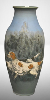 Weller Dickensware 16.5" vase, hunting dogs scene