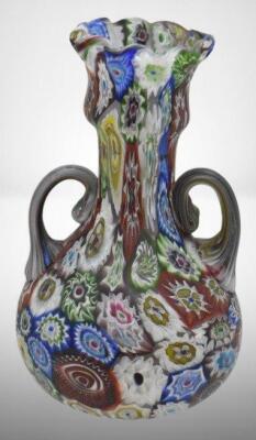 Murano Millefiori Art Glass 5.5"h dbl. handled vase