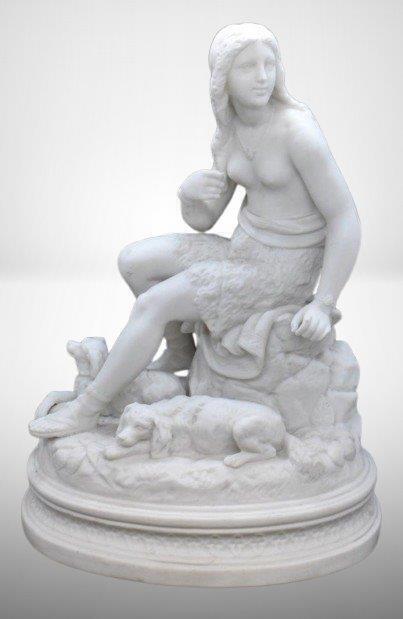 Parian 11"h figurine - young girl w/ 2 dogs laying at her feet