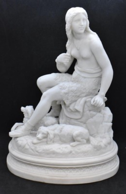 Parian 11"h figurine - young girl w/ 2 dogs laying at her feet - 2