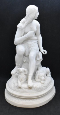 Parian 11"h figurine - young girl w/ 2 dogs laying at her feet - 3