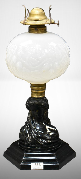 Black onyx glass 10" figural oil lamp, clear frosted embossed berries and leaves font