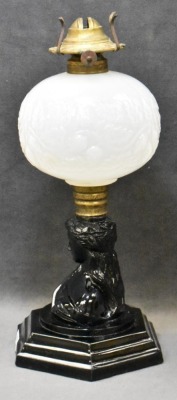 Black onyx glass 10" figural oil lamp, clear frosted embossed berries and leaves font - 3