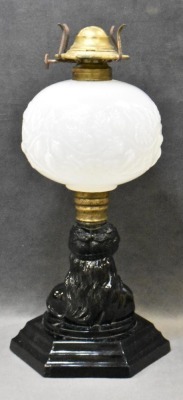 Black onyx glass 10" figural oil lamp, clear frosted embossed berries and leaves font - 4