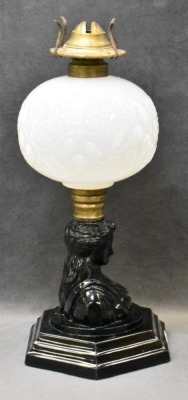 Black onyx glass 10" figural oil lamp, clear frosted embossed berries and leaves font - 5