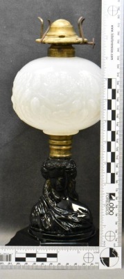 Black onyx glass 10" figural oil lamp, clear frosted embossed berries and leaves font - 11