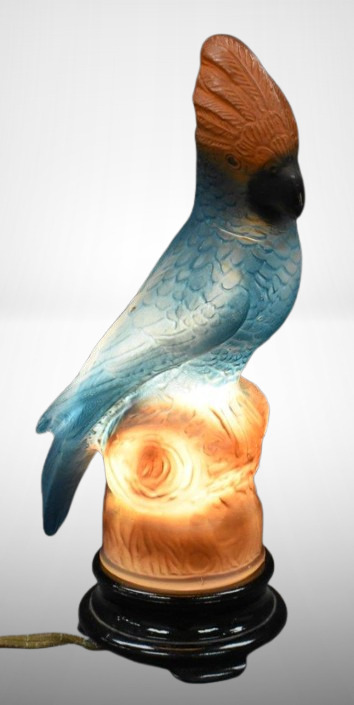 1920's Tiffin Glass figural blue Parrot lamp, 13" - works