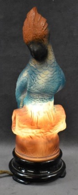 1920's Tiffin Glass figural blue Parrot lamp, 13" - works - 2