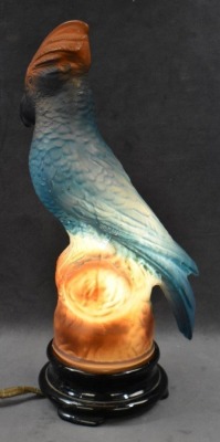 1920's Tiffin Glass figural blue Parrot lamp, 13" - works - 3