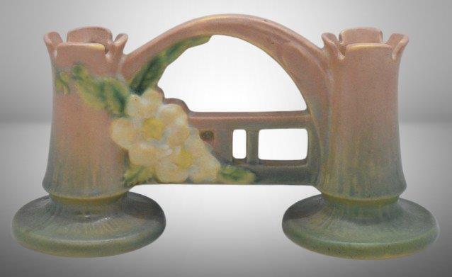 Roseville White Rose #146 double-gated bud vase, pink