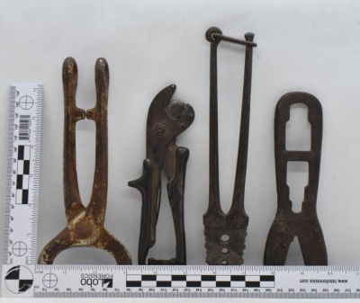 Assortment of Cast Iron items incl. alligator wrench, bull nose lead, crimper, etc. - 11