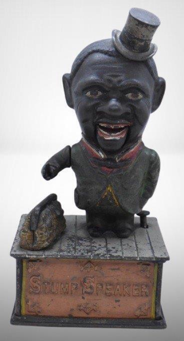 Cast Iron Black Americana "Stump Speaker" mechanical bank - works