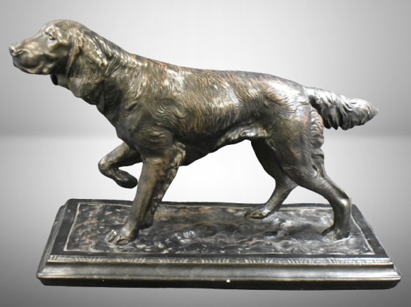 Bronze Irish Setter Pointer dog sculpture, 11"h x 16"l