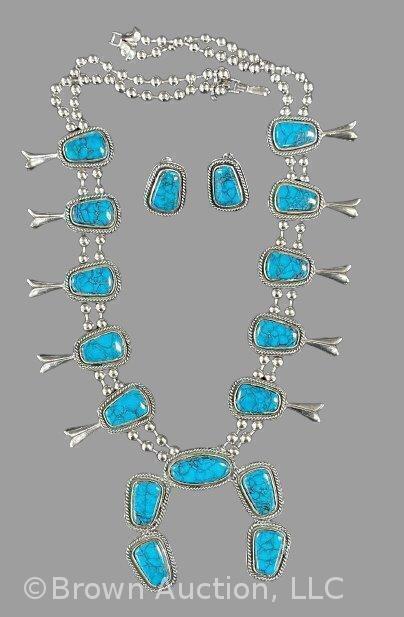 Goldete (stamped) faux turquoise squash blossom necklace w/ matching earrings