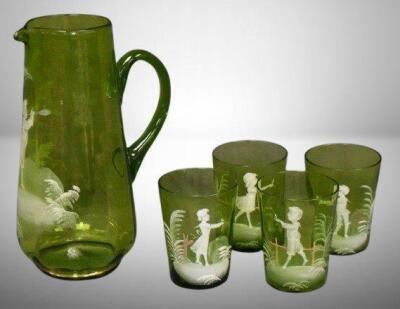 Mary Gregory 5 pc. water set, green