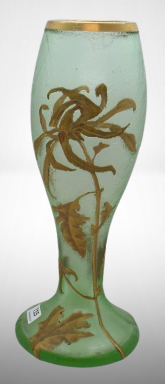 Mrkd. Mont Joye Art Nouveau 10"h green vase w/ gold gilt floral design