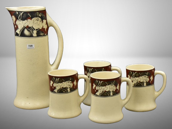 Roseville Creamware (Quaker) 11.5" tankard and (4) 4.5" mugs