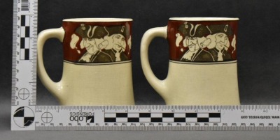 Roseville Creamware (Quaker) 11.5" tankard and (4) 4.5" mugs - 15