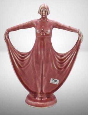 Weller Lavonia Art Nouveau monochrome lady 10" dbl. bud vase, reddish