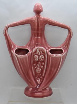 Weller Lavonia Art Nouveau monochrome lady 10" dbl. bud vase, reddish - 3